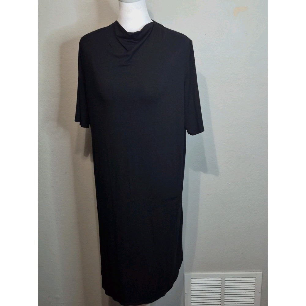 Eileen Fisher Women's L Black Cowl Neck High Low Midi Dress Minimalist Modest
